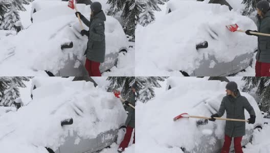 在车前铲雪的女人。高清在线视频素材下载