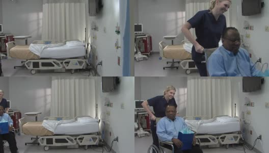 护士推着轮椅上的男病人高清在线视频素材下载