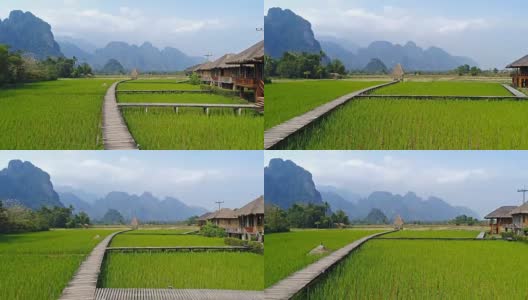 老挝万荣的木路和绿色稻田。高清在线视频素材下载