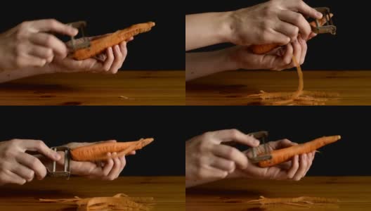 女性的手剥着胡萝卜高清在线视频素材下载
