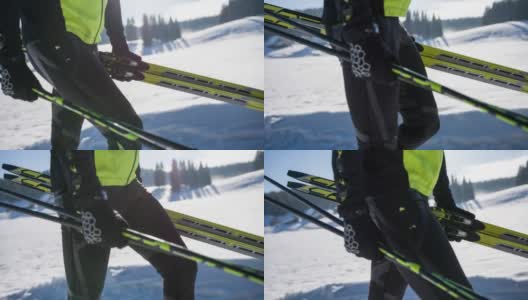 背着运动器材的越野滑雪者高清在线视频素材下载