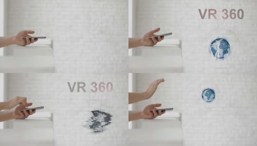 手启动地球的全息图和VR 360文本高清在线视频素材下载