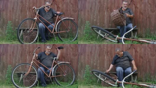老人对很旧的生锈的自行车和古老的柳条篮子很不高兴高清在线视频素材下载