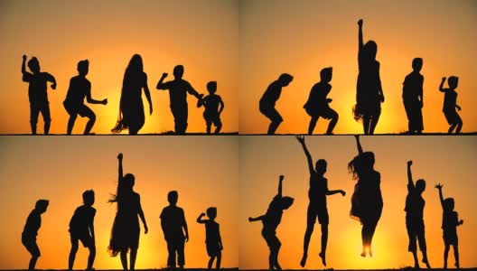 五个孩子在夕阳下跳跃的剪影高清在线视频素材下载