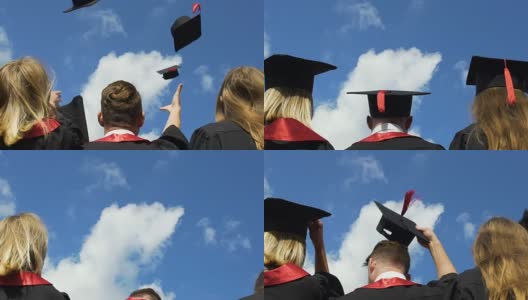 快乐的年轻人庆祝毕业，把学术帽抛向空中高清在线视频素材下载