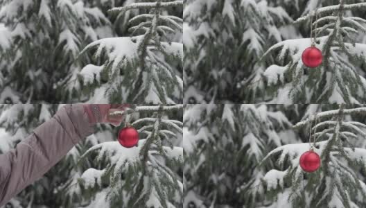 在白雪覆盖的冬季森林里，女人们手上戴着冬天的手套挂着红色的球，圣诞树上挂着玩具。松软的雪正在飘落高清在线视频素材下载