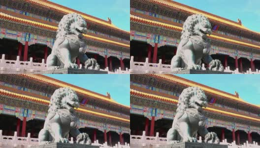 北京紫禁城太和殿前的青铜狮子高清在线视频素材下载