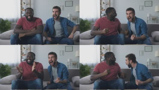 男性朋友看足球，在半决赛赢球后大声吼叫高清在线视频素材下载