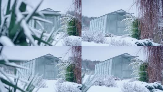 带温室的冬季花园高清在线视频素材下载
