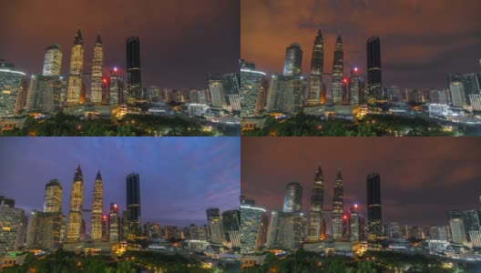 4K时间流逝日出，夜晚到白天吉隆坡天际线地标，马来西亚双子星塔高清在线视频素材下载