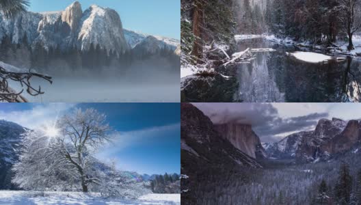 优山美地山谷冬季景观蒙太奇高清在线视频素材下载