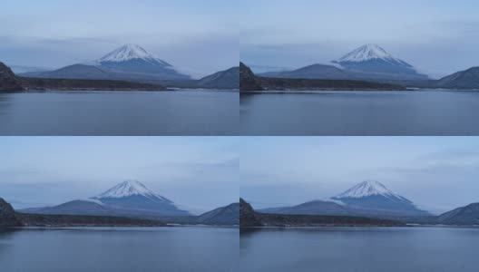 时光流逝，斋子湖，富士五湖。日本山梨县Fujikawaguchiko附近的富士山冬天下雪。自然景观背景。高清在线视频素材下载