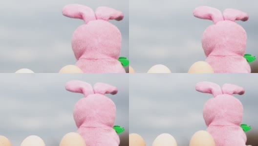 慢镜头4 k。粉色毛绒复活节小兔子坐在鸡蛋里。观念到春季宗教复活节的投石器。特写镜头高清在线视频素材下载