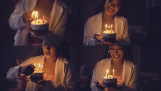 亚洲年轻女性喜欢和快乐的生日蛋糕高清在线视频素材下载