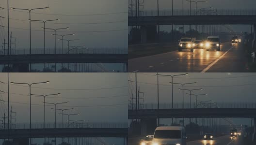 黄昏时的路灯柱和公路剪影高清在线视频素材下载