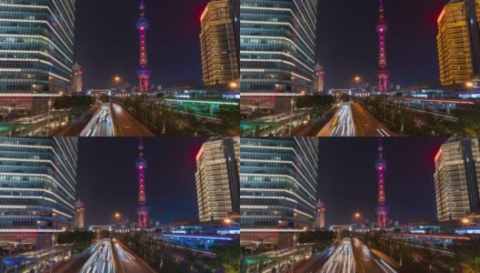 4k时间流逝:中国上海，市内交通繁忙，汽车灯光照亮了东方明珠塔。缩小照片高清在线视频素材下载