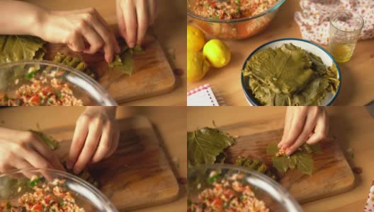 如何用橄榄油做土尔其传统菜塞葡萄叶子-塞葡萄叶子高清在线视频素材下载