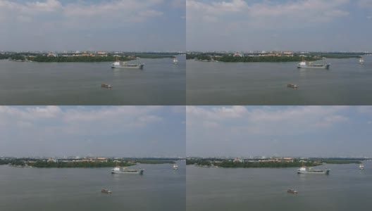 鸟瞰图泰国湾，货轮，Phra Samut Chedi和拉玛九桥Samutprakarn，泰国。高清在线视频素材下载