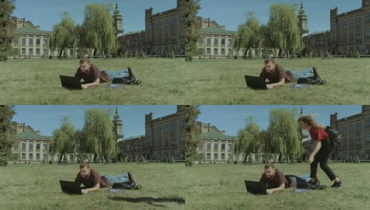 大学生在校园草坪上休闲高清在线视频素材下载