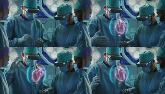 外科医生使用增强现实技术进行心脏手术。使用3D动画和手势进行心脏移植手术。互动动画显示生命体征。未来的医院。高清在线视频素材下载