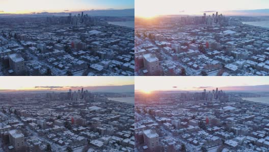 西雅图华盛顿延时冬季雪日出城市市中心空中鸟瞰高清在线视频素材下载