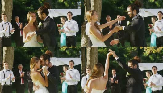 新娘和新郎与嘉宾一起跳舞，背景是4K 4K高清在线视频素材下载