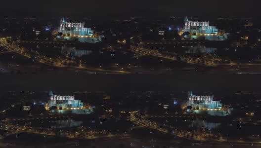 Catedral de Santa Maria de Palma de Mallorca 夜间空中摄影高清在线视频素材下载