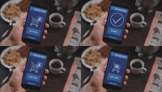 用智能手机在网上商店购物。男人已经选好了商品，他们在虚拟的篮子里，现在手指按下支付按钮，交易成功高清在线视频素材下载