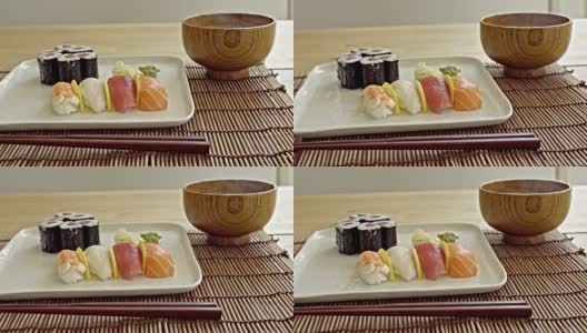 美味的寿司配酱汤和筷子高清在线视频素材下载