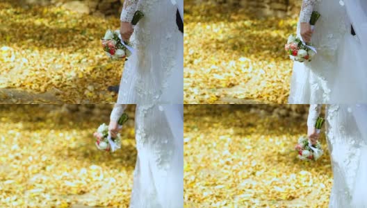 新娘手持婚礼花束行走高清在线视频素材下载