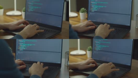 近手工程师开发软件应用程序，使用数字笔记本电脑在屏幕上输入代码，程序员编码互联网安全系统，在办公室设计人工智能项目。高清在线视频素材下载