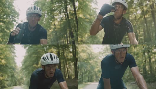 SLO MO休闲骑行者在骑自行车穿过森林时喝酒高清在线视频素材下载