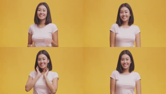 工作室肖像年轻可爱的亚洲女士，整理头发和微笑的相机，橙色的背景高清在线视频素材下载