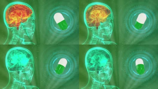 伦琴人体头部图像，突出脑和医药药丸旋转，脑治疗概念-高科技医疗4K 60帧/秒3D动画高清在线视频素材下载