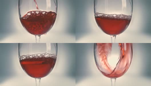 红酒倒入玻璃杯的创意宏慢动作视频。玻璃杯与红葡萄酒的特写。旧的复古风格与愉快，轻微和柔软褪色。高清在线视频素材下载