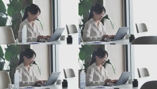 在办公室用笔记本电脑工作的女商人高清在线视频素材下载