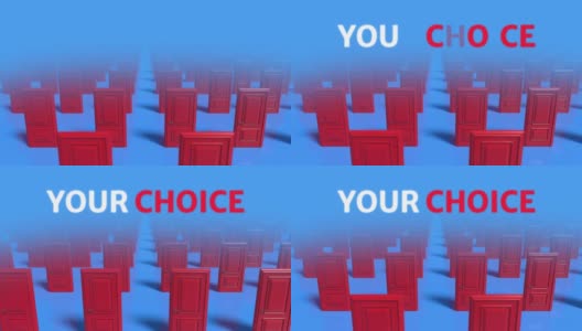 你的选择。蓝色背景下的一排排紧闭的红色木制门。选择，商业和成功的概念。欢迎,新机会。3d动画循环，4K高清在线视频素材下载