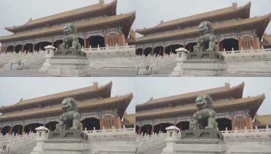 中国北京紫禁城内的大型皇家狮子雕像。高清在线视频素材下载