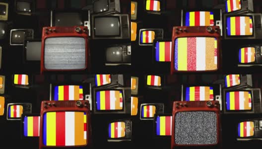 佛教旗帜和古董电视机。高清在线视频素材下载