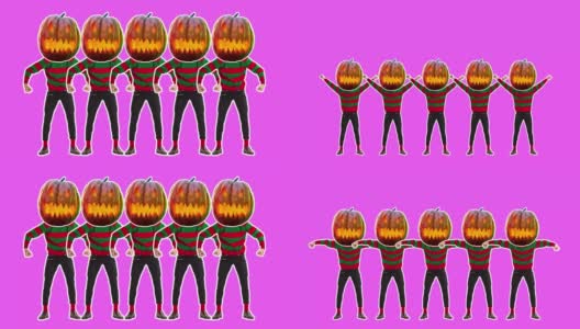 万圣节快乐。定格动画设计，艺术动画。南瓜头跳舞的男人。色彩背景的时尚舞蹈。有趣，现代，概念，当代明亮的4k艺术拼贴。派对时间概念高清在线视频素材下载