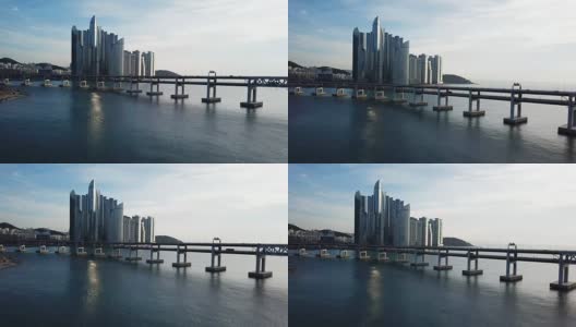韩国釜山，光安大桥和海云台鸟瞰图。高清在线视频素材下载