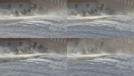 斯瓦尔巴朗伊尔城。被强风吹起的旅馆和雪地摩托的建筑。高清在线视频素材下载