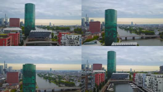 鸟瞰图，法兰克福城市与河流和摩天大楼在日出高清在线视频素材下载