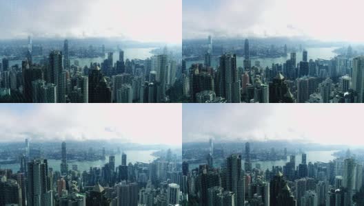 4K无人机和网络技术在通信中是一个蜘蛛网，背景是香港的风景。高清在线视频素材下载