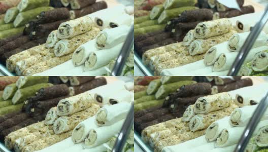 土耳其传统糖果，rahat lukum在集市的柜台。高清在线视频素材下载