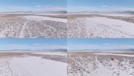 空中摄影:飞过犹他州的雪原，向远处的公路飞去。高清在线视频素材下载