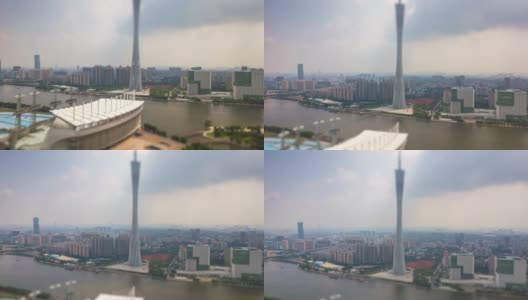 白天时间广州市区海心沙岛珠江新城空中倾斜移位全景4k时间推移中国高清在线视频素材下载