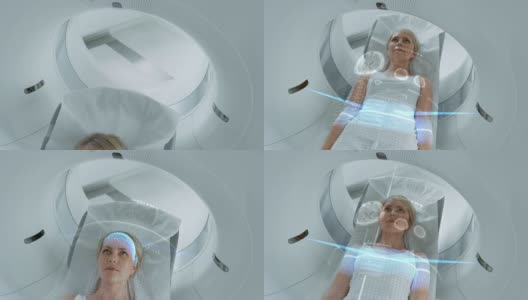 女病人躺在CT或PET或MRI扫描床上，在扫描她的大脑和重要参数时在机器里移动。AR概念与视觉效果在医学实验室与高科技设备。高清在线视频素材下载