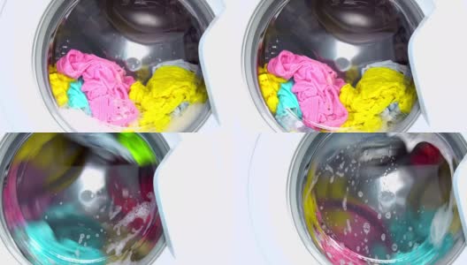 洗衣机可以洗有颜色的衣服和床单。汽缸旋转高清在线视频素材下载