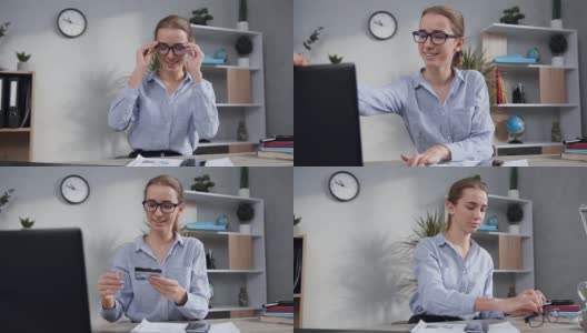 漂亮快乐的年轻女子戴上眼镜，打开笔记本电脑，用她的银行卡进行网上购物高清在线视频素材下载